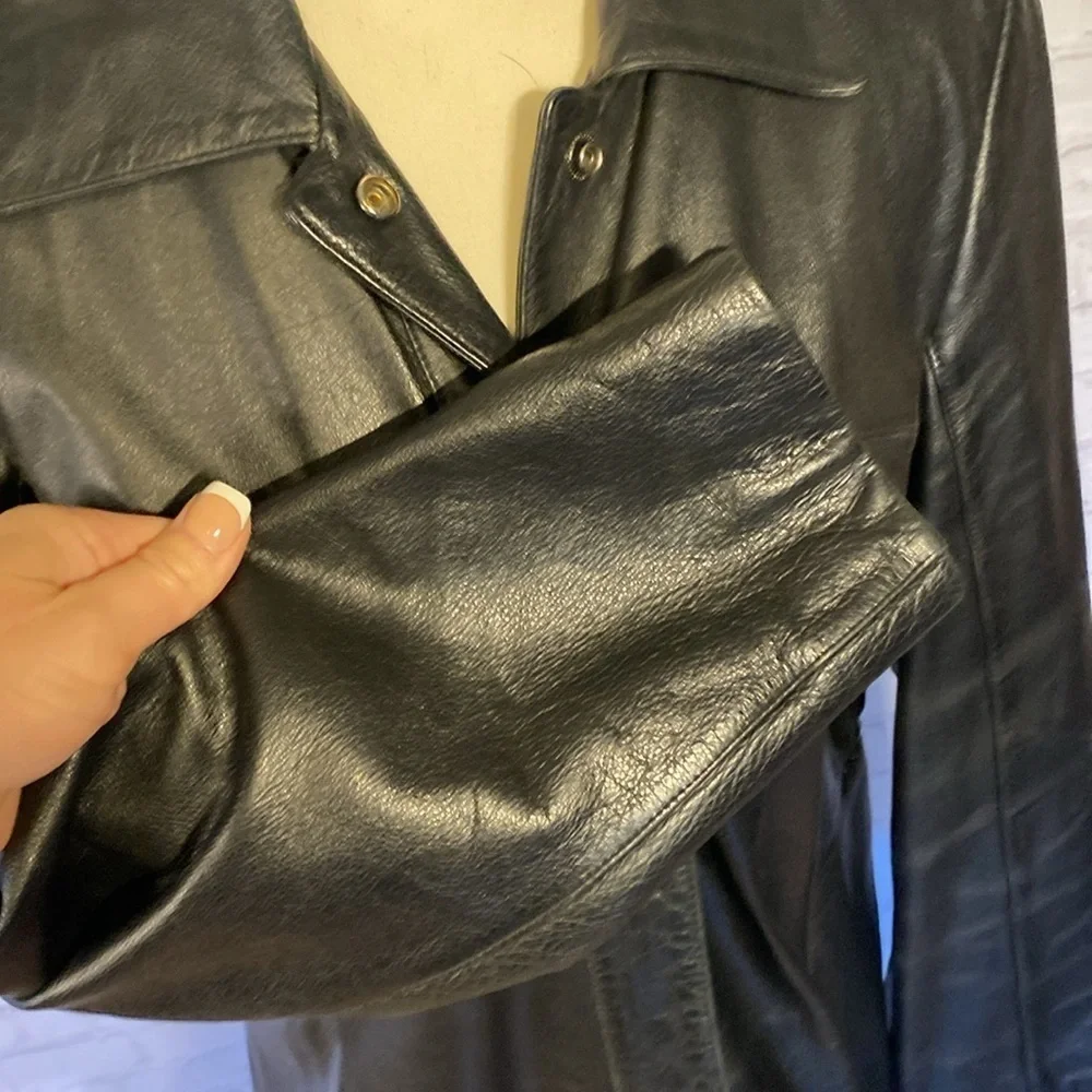 Danier Leather Black Vintage Snap Button Long Moto Blazer Jacket Size M - Picture 9 of 17